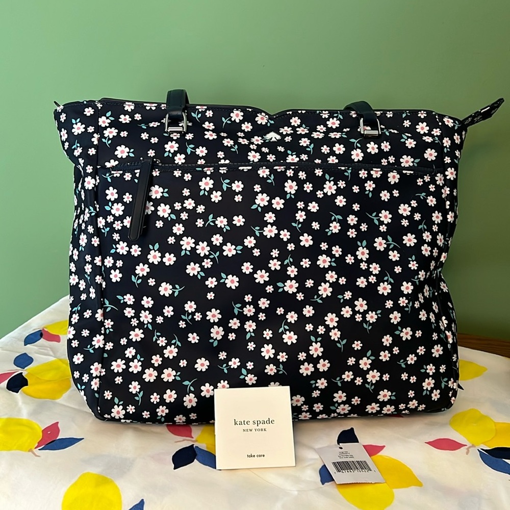 Kate Spade Jae Navy Blue Fleurette Toss Large Nylon Tote